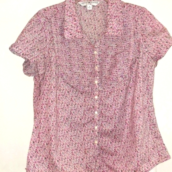 TOMMY HILFIGER Pink Floral Short Sleeve Floral Button down Blouse Top Sz 14 - Picture 1 of 8